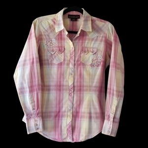 Western Wear Ariat Plaid Pink Floral Embroidered Cotton Snap Button Shirt